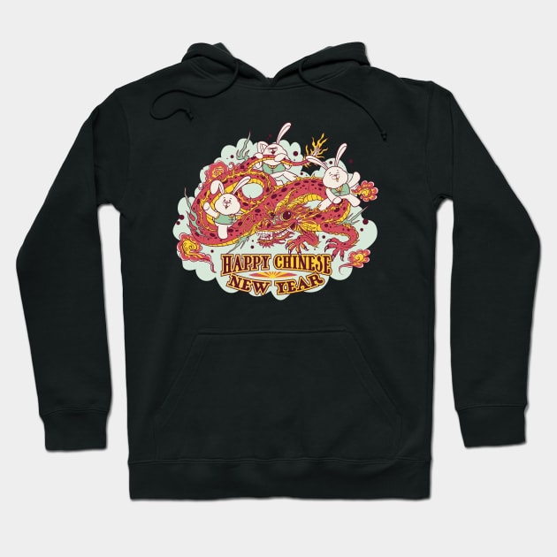 three cartoon bunnies riding on a Chinese dragon, and the title Happy Chinese new year Hoodie by AbirAbd